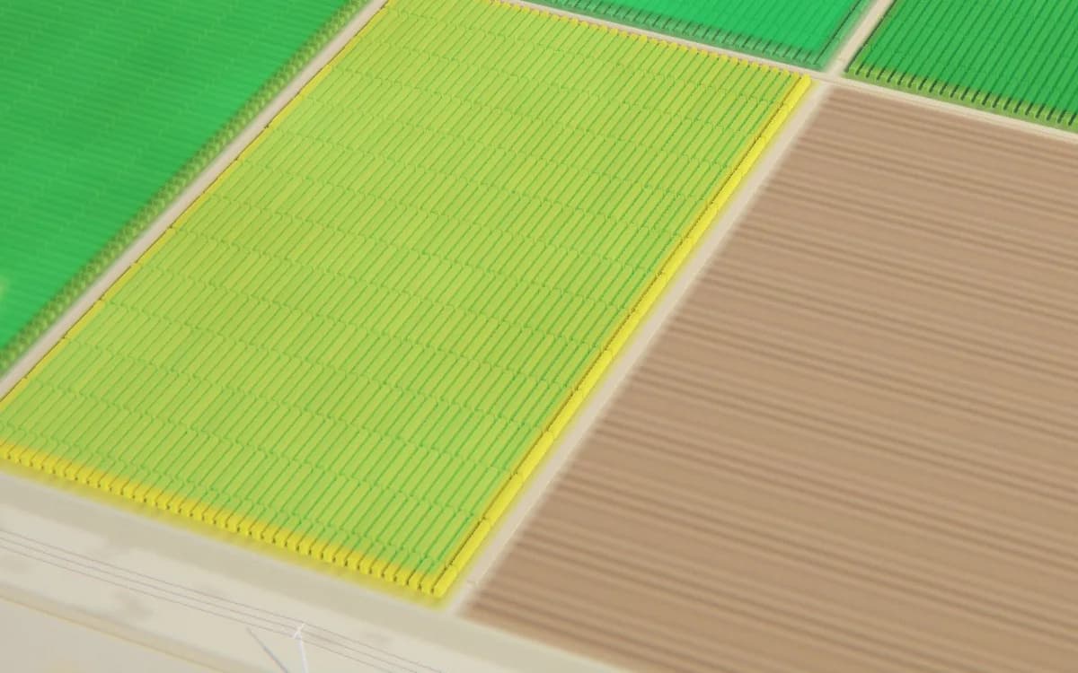 Illustrative CGI by ShepHertz: an aerial view of crop fields in rows beside a ploughed field.