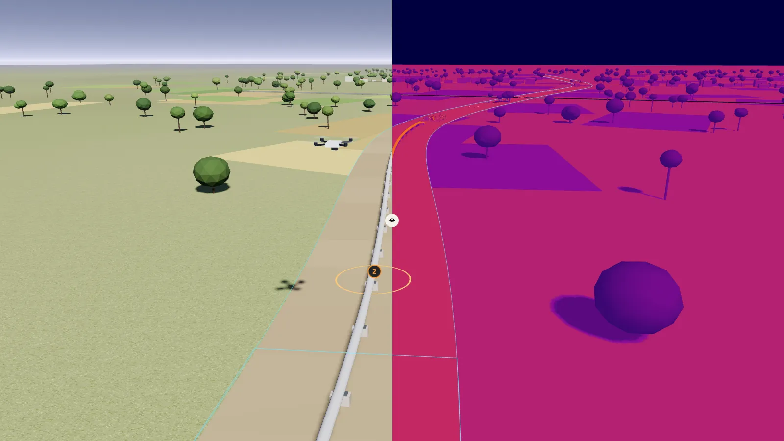 Computer-generated pipeline right-of-way seen from a drone: a cleared strip across farmland with an above-ground pipe on supports, and numbered markers on the planted findings.