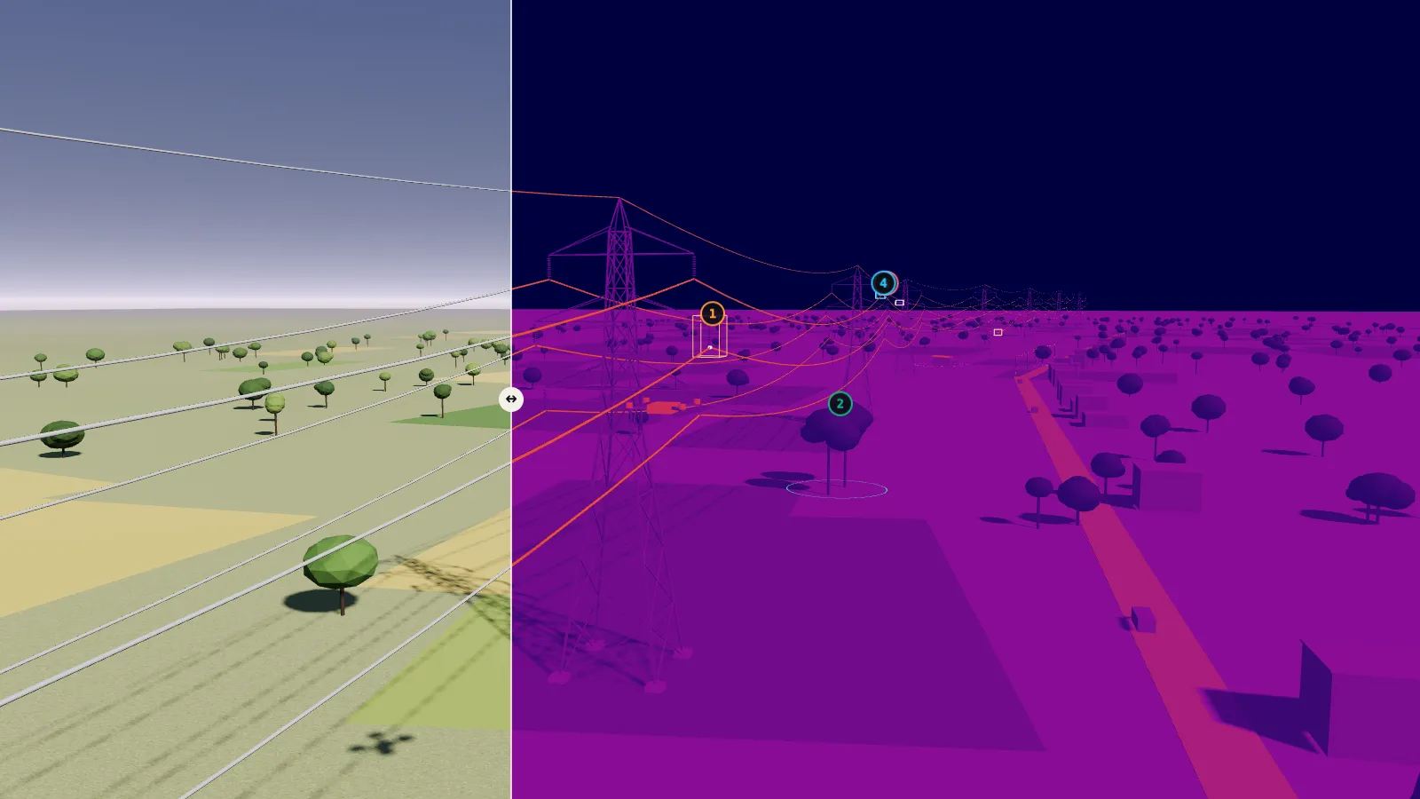 Computer-generated power line seen from a drone flying beside it: lattice towers with two circuits of conductors over farmland, and numbered markers on the planted findings.