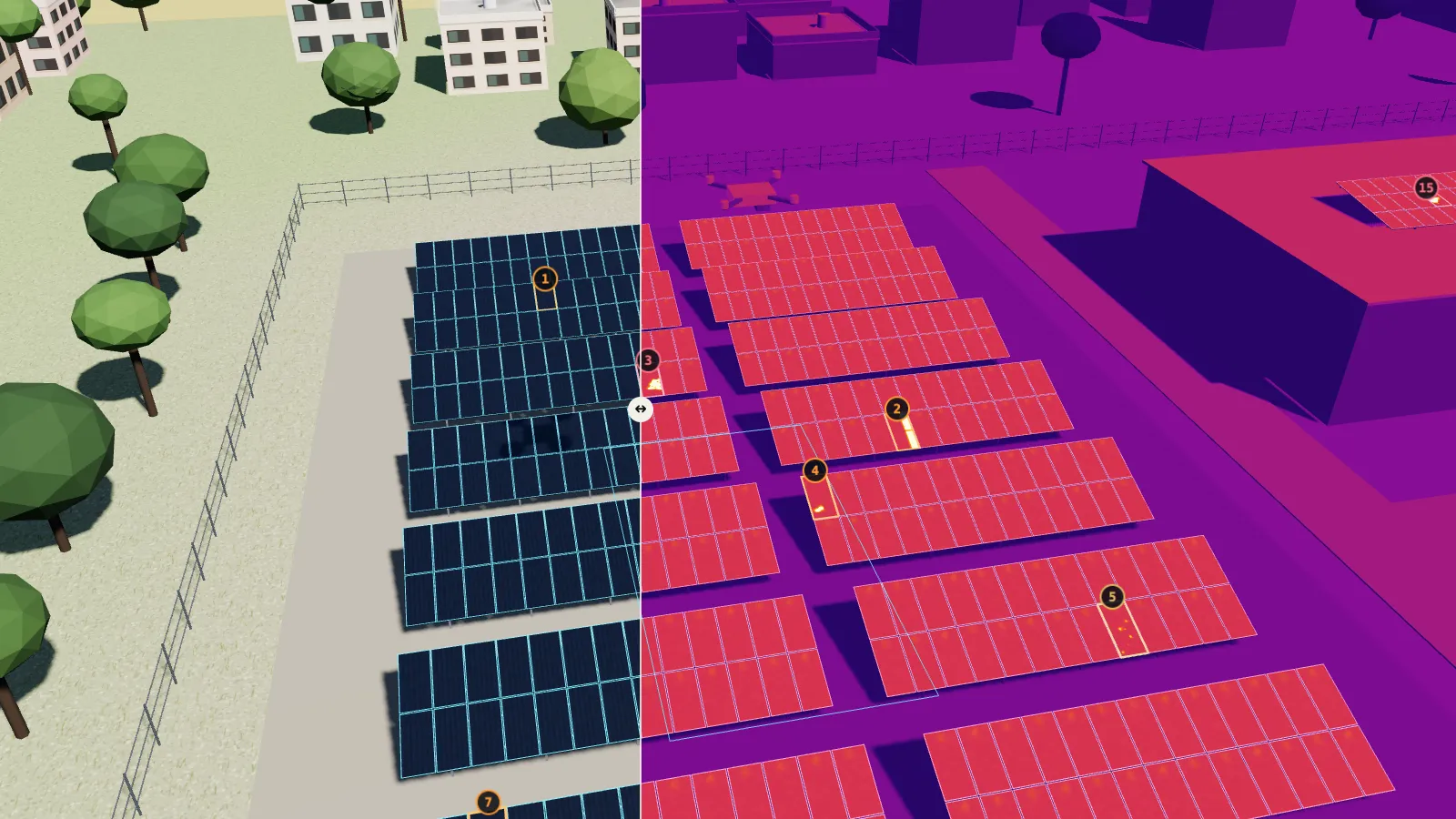Computer-generated solar site seen from a drone: rows of ground-mounted modules outlined in cyan, with numbered markers on planted defects. The left half is the colour view and the right half the thermal view, where one hot cell glows.