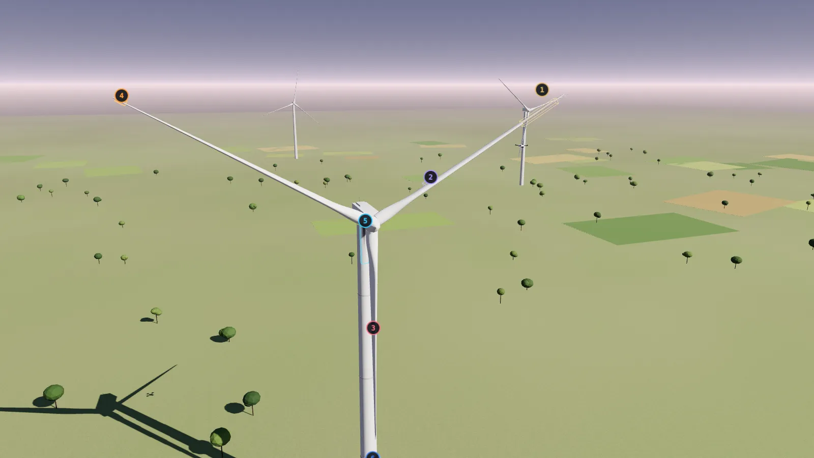 Computer-generated wind turbine with its rotor stopped, seen from a drone close to one blade; the left part of the picture is in normal colour and the right part in a thermal palette, with numbered markers on planted findings.
