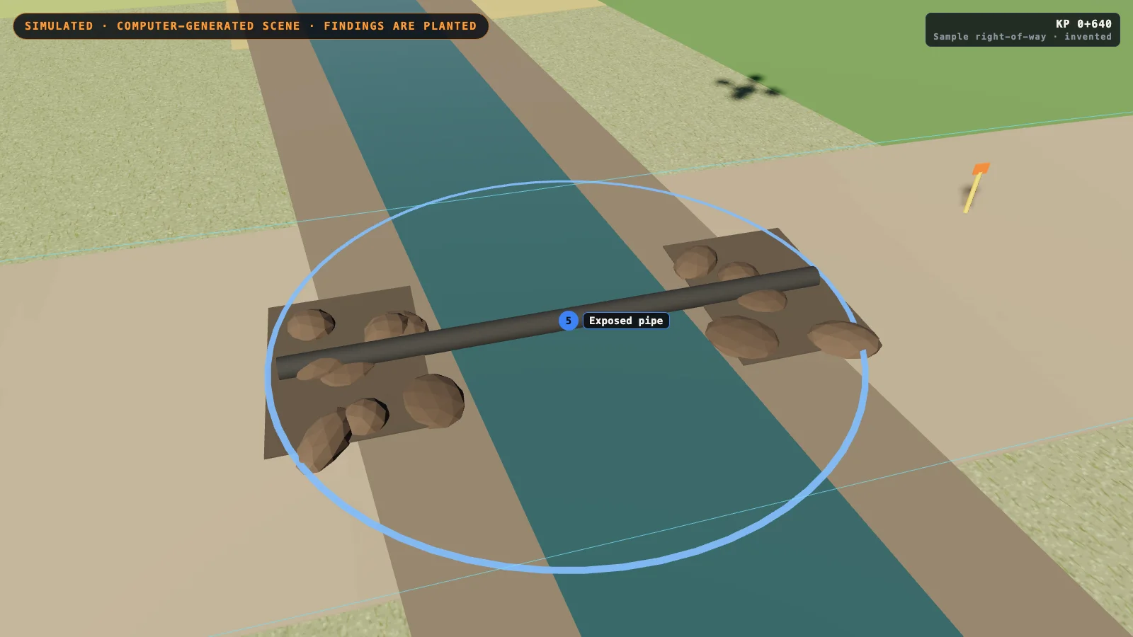 Computer-generated stream crossing a cleared strip of land; a dark pipe lies across the stream bed between scoured banks, inside a blue ring marker labelled “Exposed pipe”.
