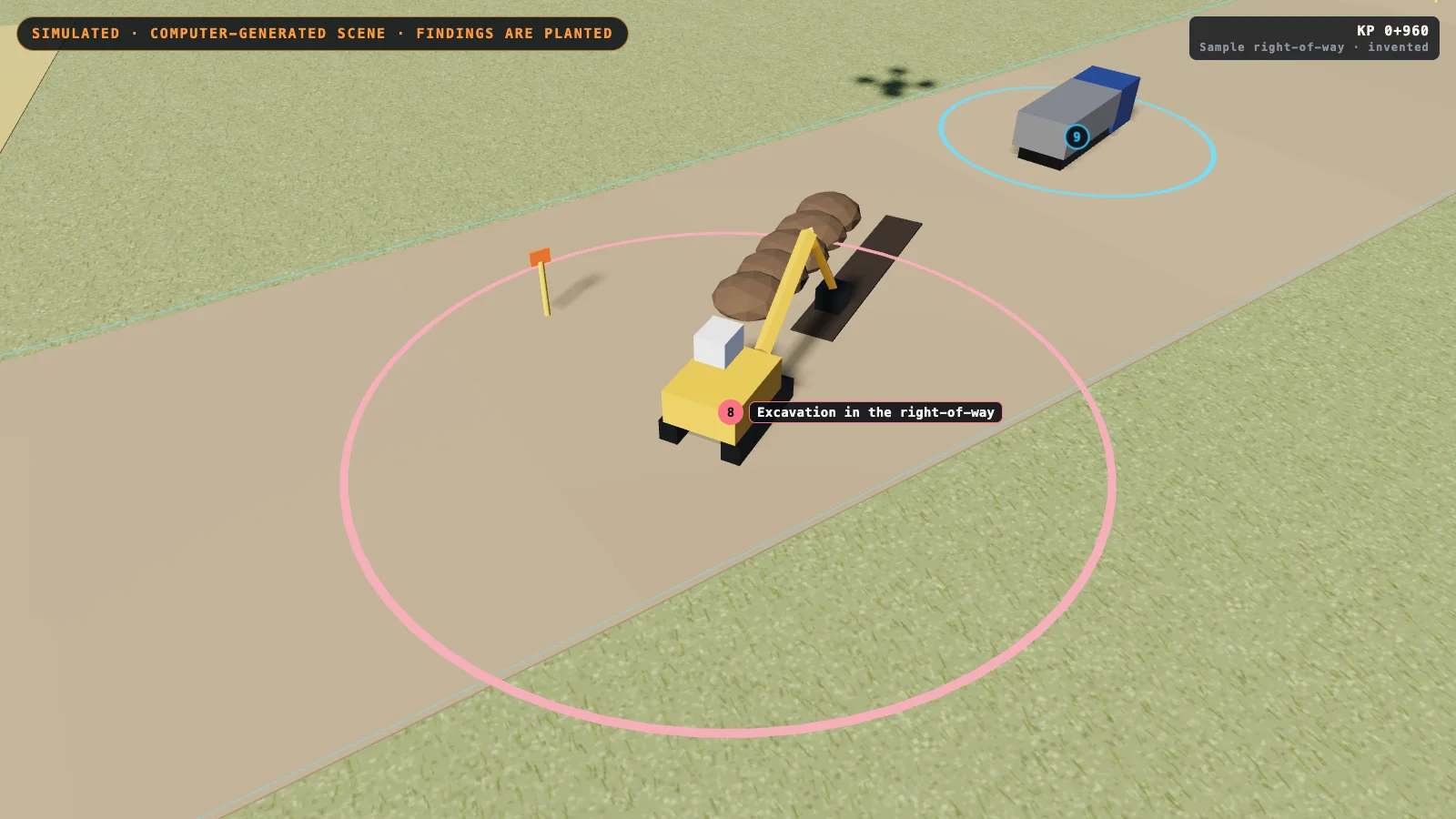 Computer-generated yellow excavator beside a dark trench and spoil heaps on a cleared strip of land, inside a pink ring marker, with a truck in a second ring nearby.