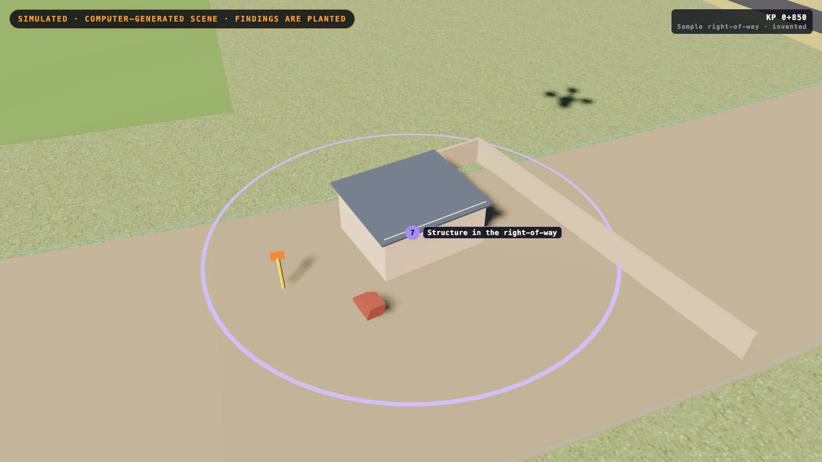 Computer-generated small building with a metal roof and a long wall on a cleared strip of land, inside a violet ring marker labelled “Structure in the right-of-way”.
