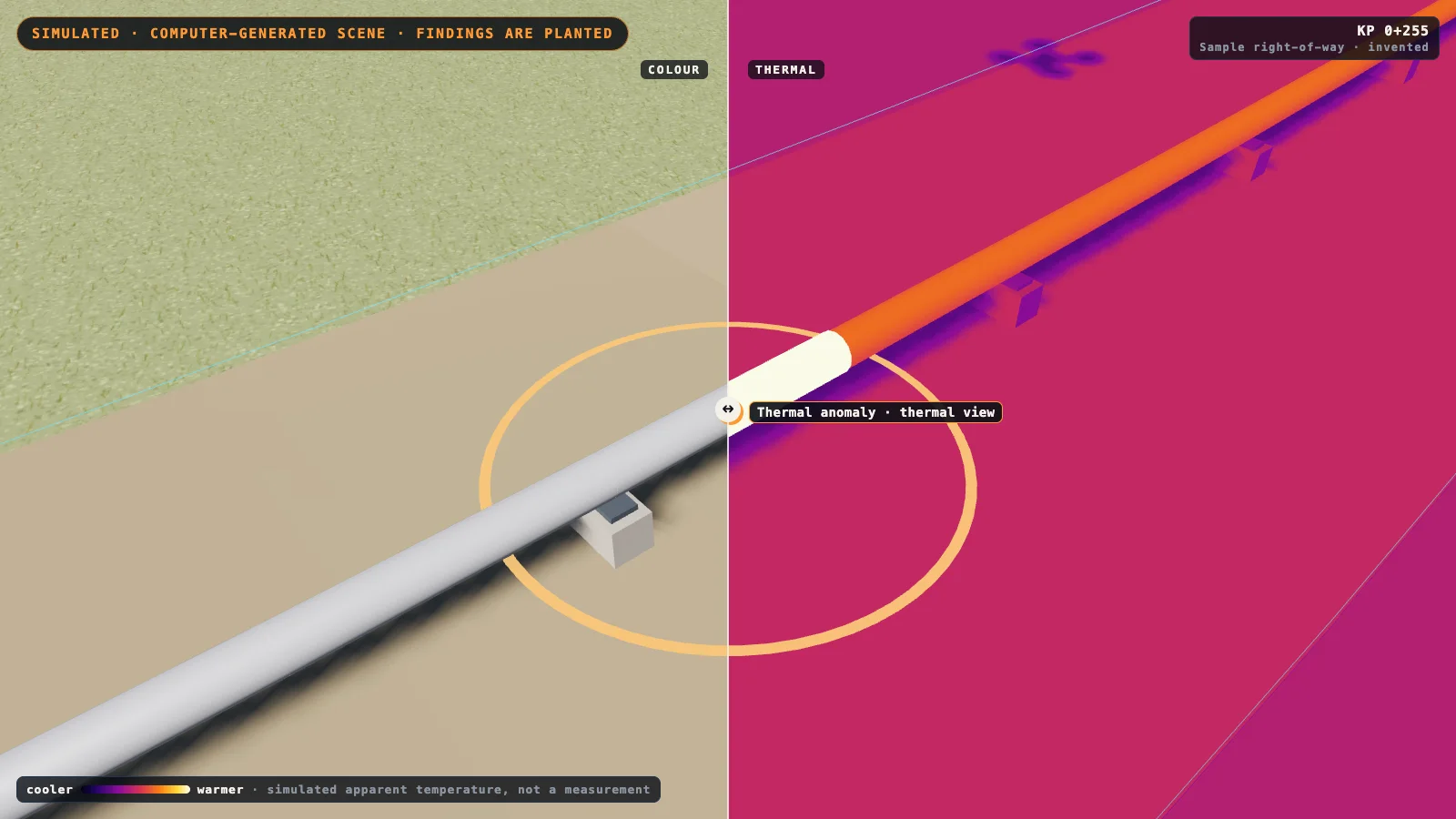 Computer-generated pipe on supports, split into a colour half where the pipe is plain white and a thermal half where the pipe is orange with one white-hot section.