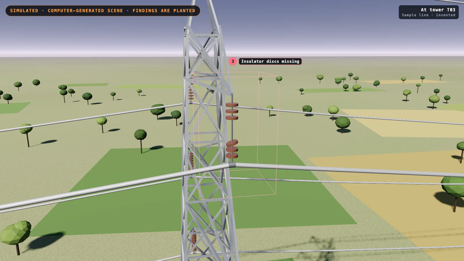 Close view of a computer-generated lattice tower cross-arm with an insulator string that has a gap in the middle, inside a thin pink box marker.
