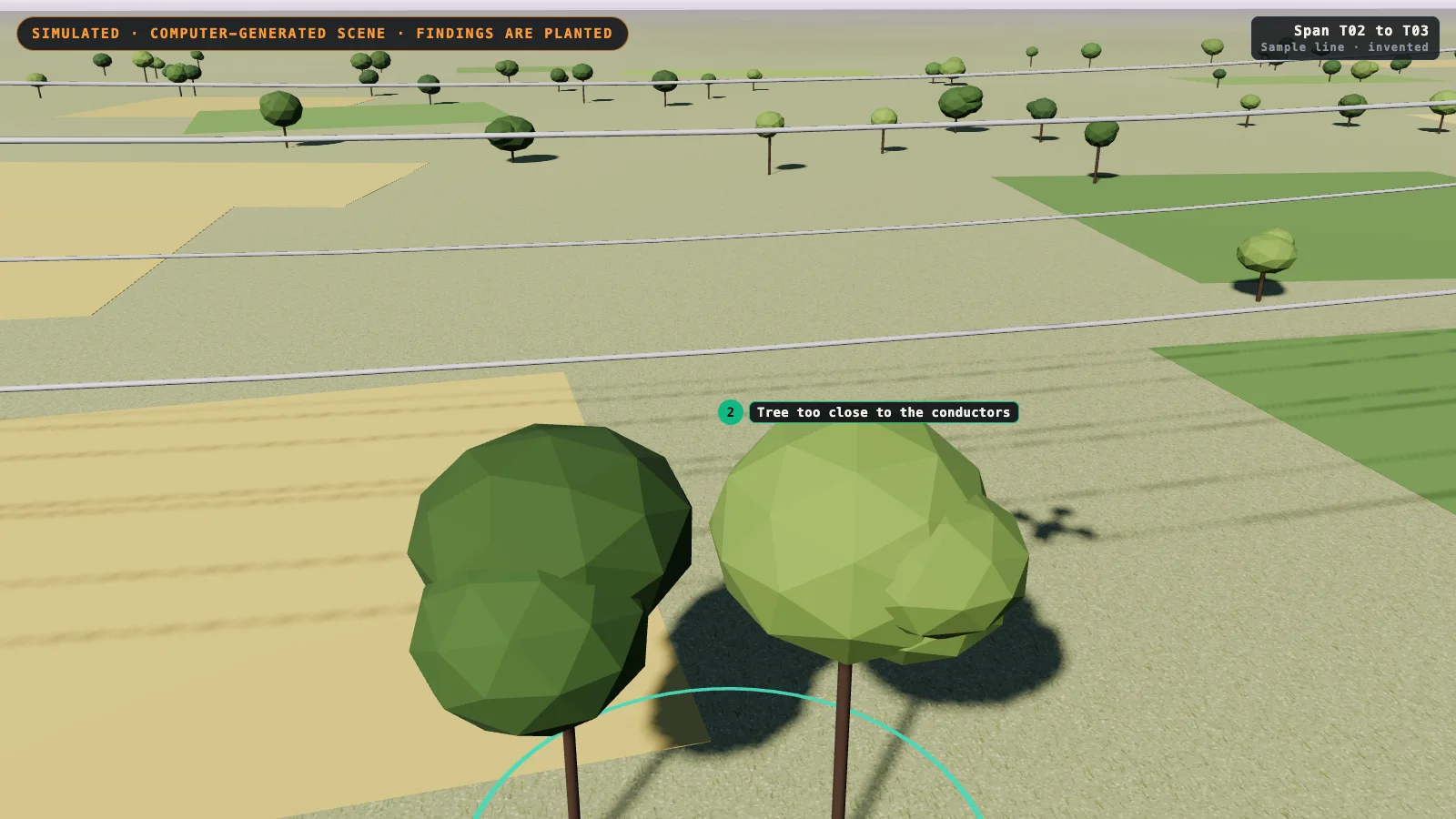 Computer-generated trees standing directly under power-line conductors in a field, with a green ring marker on the ground around them.