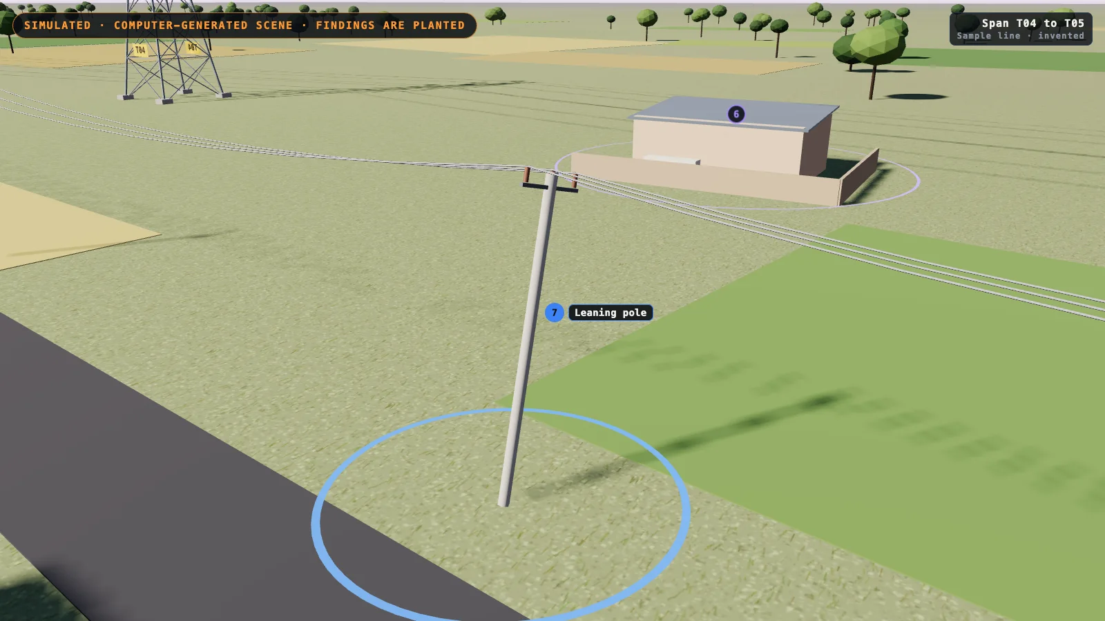 Computer-generated concrete pole leaning to one side beside a road, with a blue ring marker at its foot and a small building under the power line in the background.