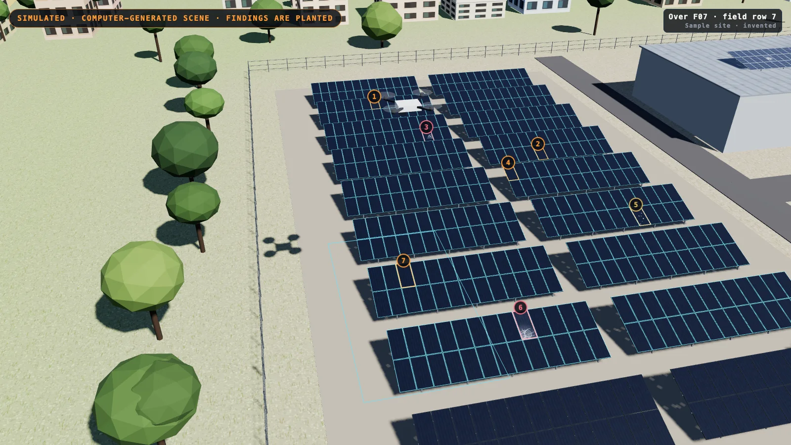 Computer-generated ground-mounted solar field seen from above and behind a small white drone; the nearer rows of modules are outlined in cyan and the rows ahead are plain.