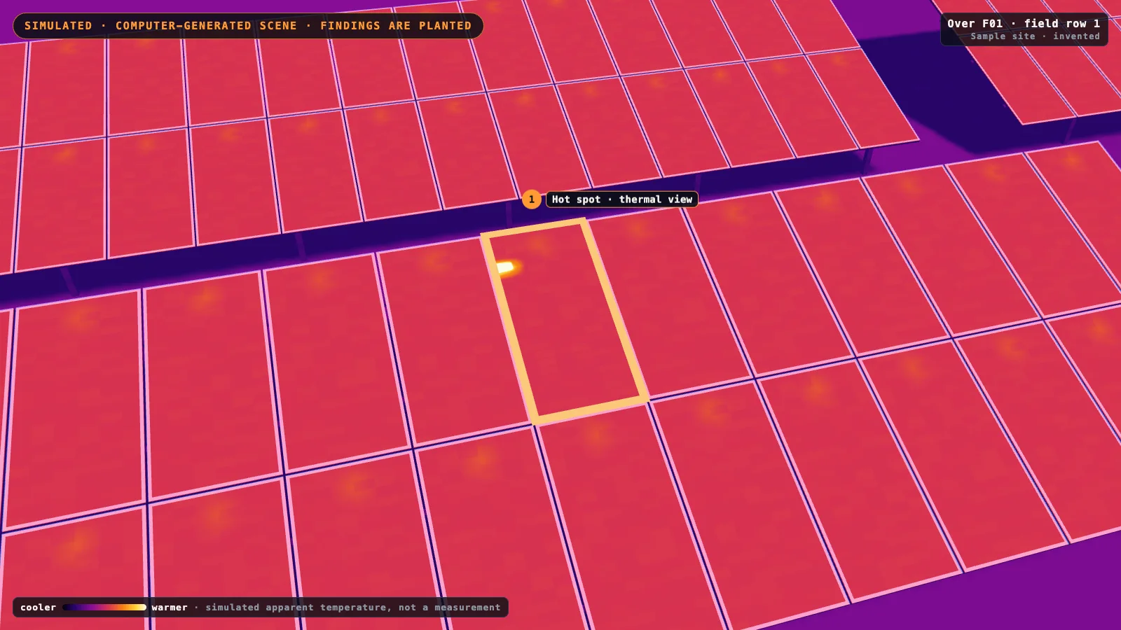Close thermal view of computer-generated solar modules in red; one module is outlined in orange and has a small white-hot spot near its top edge.