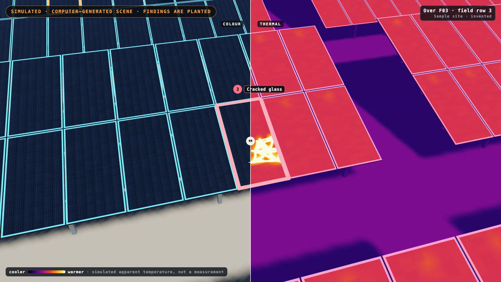Close view of computer-generated solar modules split into a colour half and a thermal half; one module, outlined in pink, shows a bright cracked area in the thermal half.