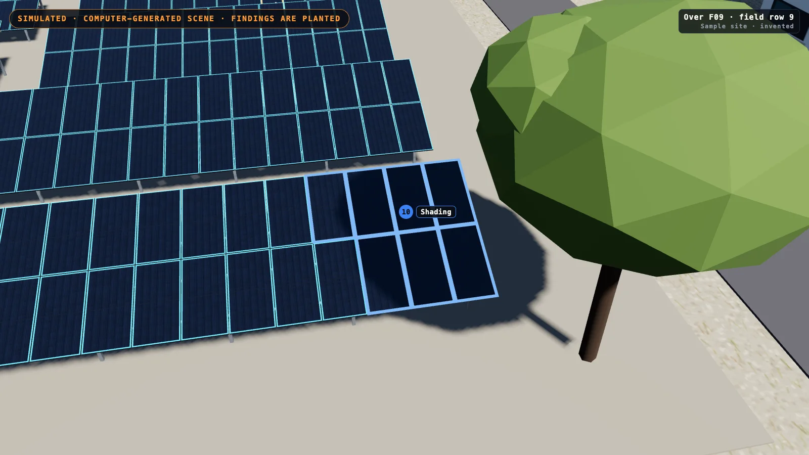 Computer-generated row of solar modules with a tree beside its end; the last few modules lie in the tree's shadow and are outlined in blue.