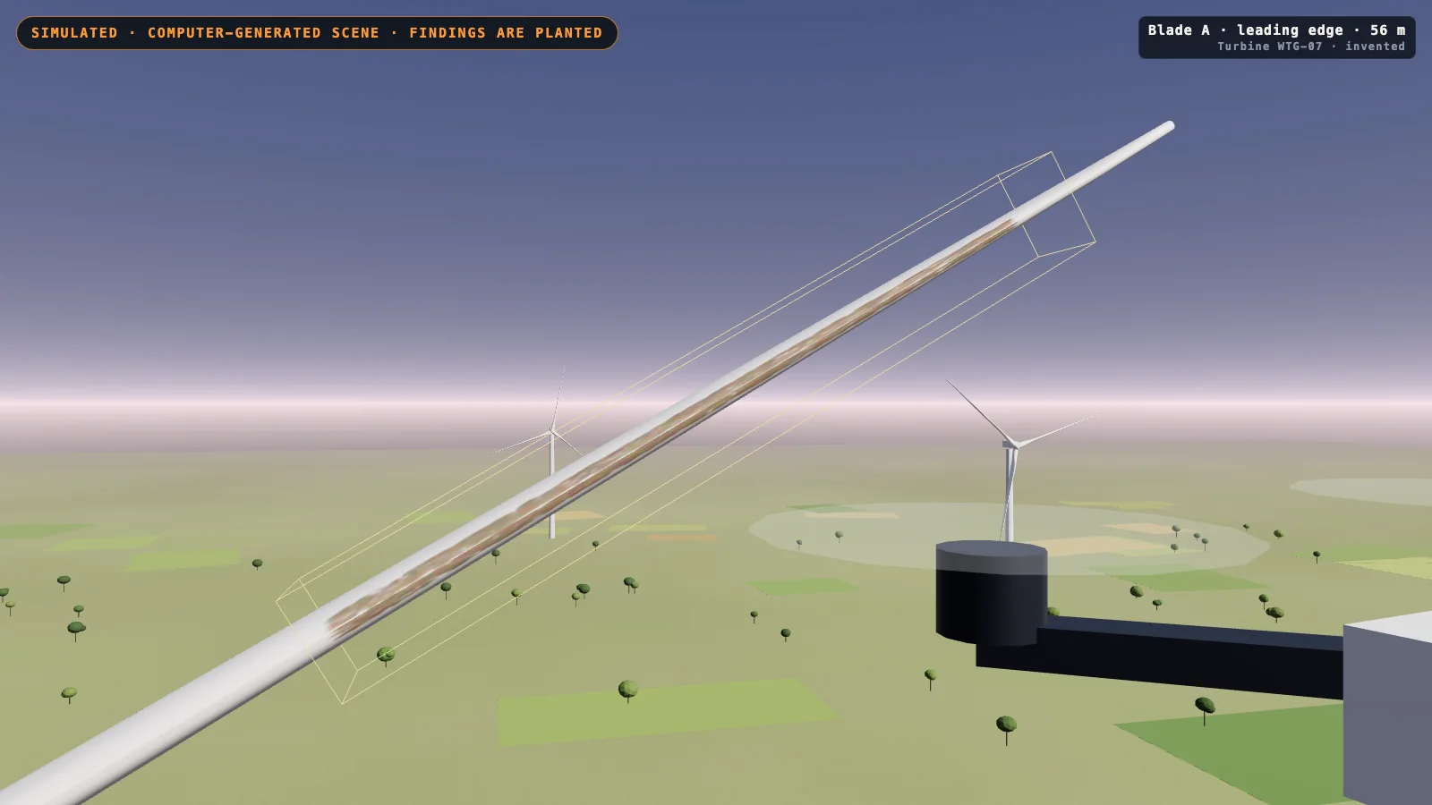 Close view along a computer-generated turbine blade; a rough brown band runs along its leading edge inside a box marker.