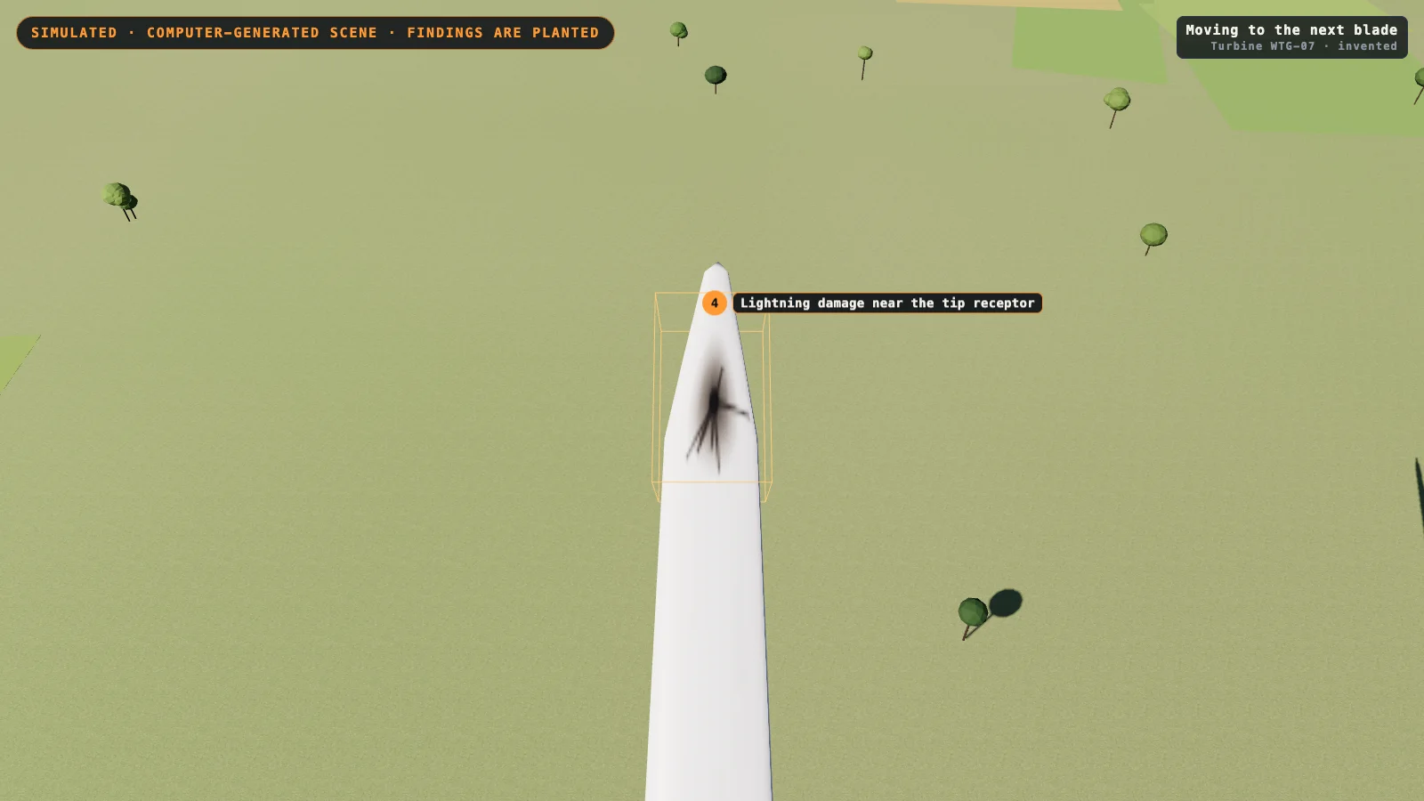 The tip of a computer-generated turbine blade with a dark scorch mark and a small hole, inside a box marker labelled “Lightning damage near the tip receptor”.