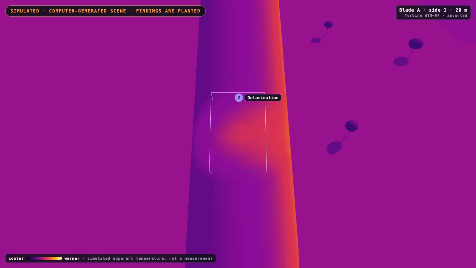 Thermal view of a computer-generated turbine blade in magenta with a warmer orange patch inside a box marker labelled “Delamination”.