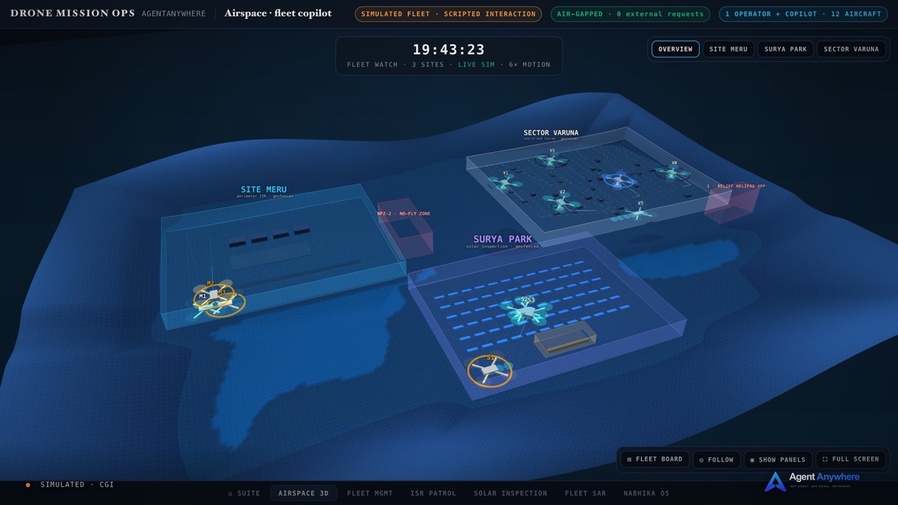 Simulated CGI: the Drone Mission Ops airspace view, a blue 3D terrain with three geofenced sites, drones hovering over each, and a clock and status bar reading simulated fleet, air-gapped.