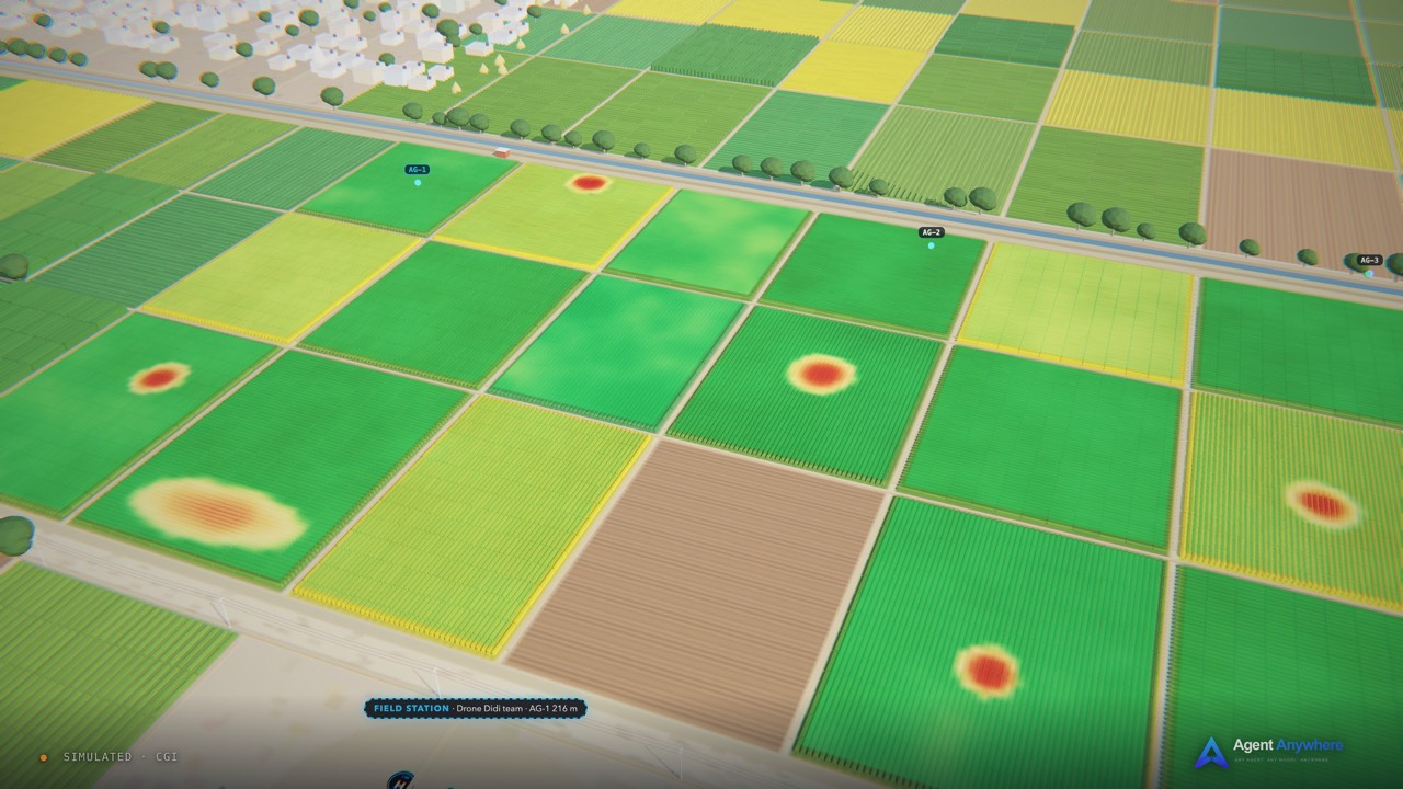 Simulated CGI: an aerial view of small green and yellow farm plots beside a road and a village, with red heat-map hotspots marking crop stress for a farmer to review before any spraying.
