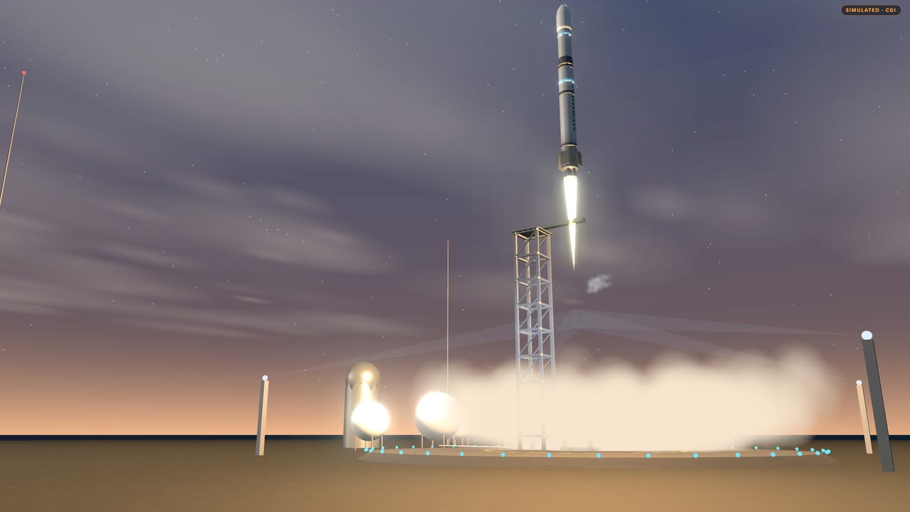 Simulated CGI: the launcher has just cleared its service tower, engines lit, with a cloud of steam spreading across the pad below it at dawn.