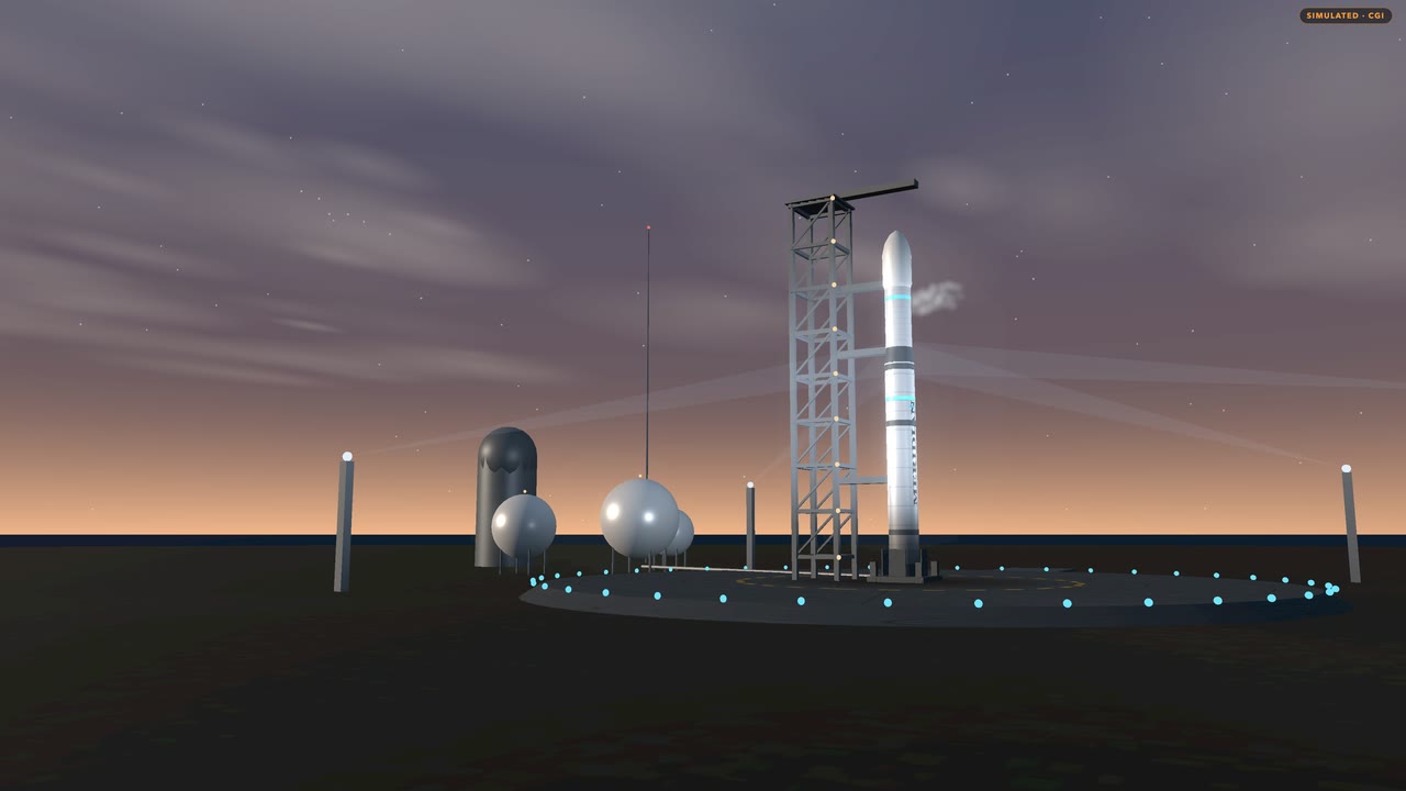 Simulated CGI: a white launcher stands on its pad at dawn beside a lattice service tower, with propellant spheres, a lightning mast and a ring of blue pad lights, under a streaked violet and orange sky.