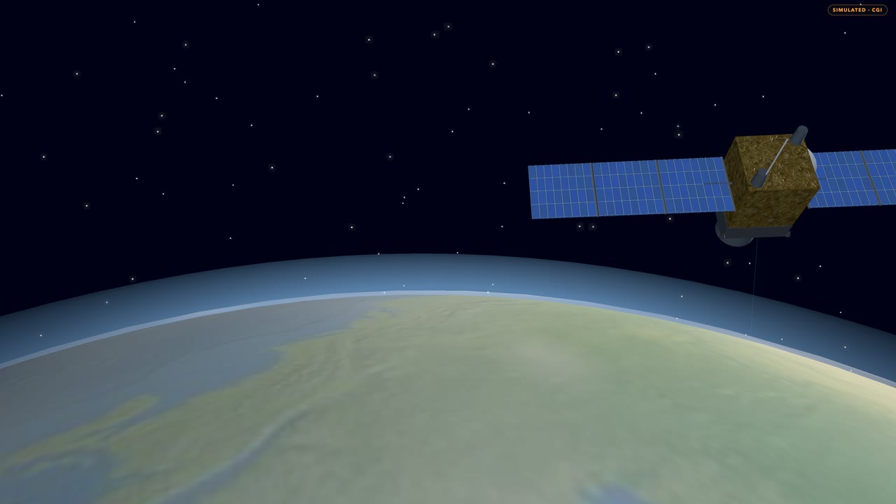 Simulated CGI: a satellite with blue solar arrays deployed and a gold-foil body, above the curve of the Earth against a field of stars.